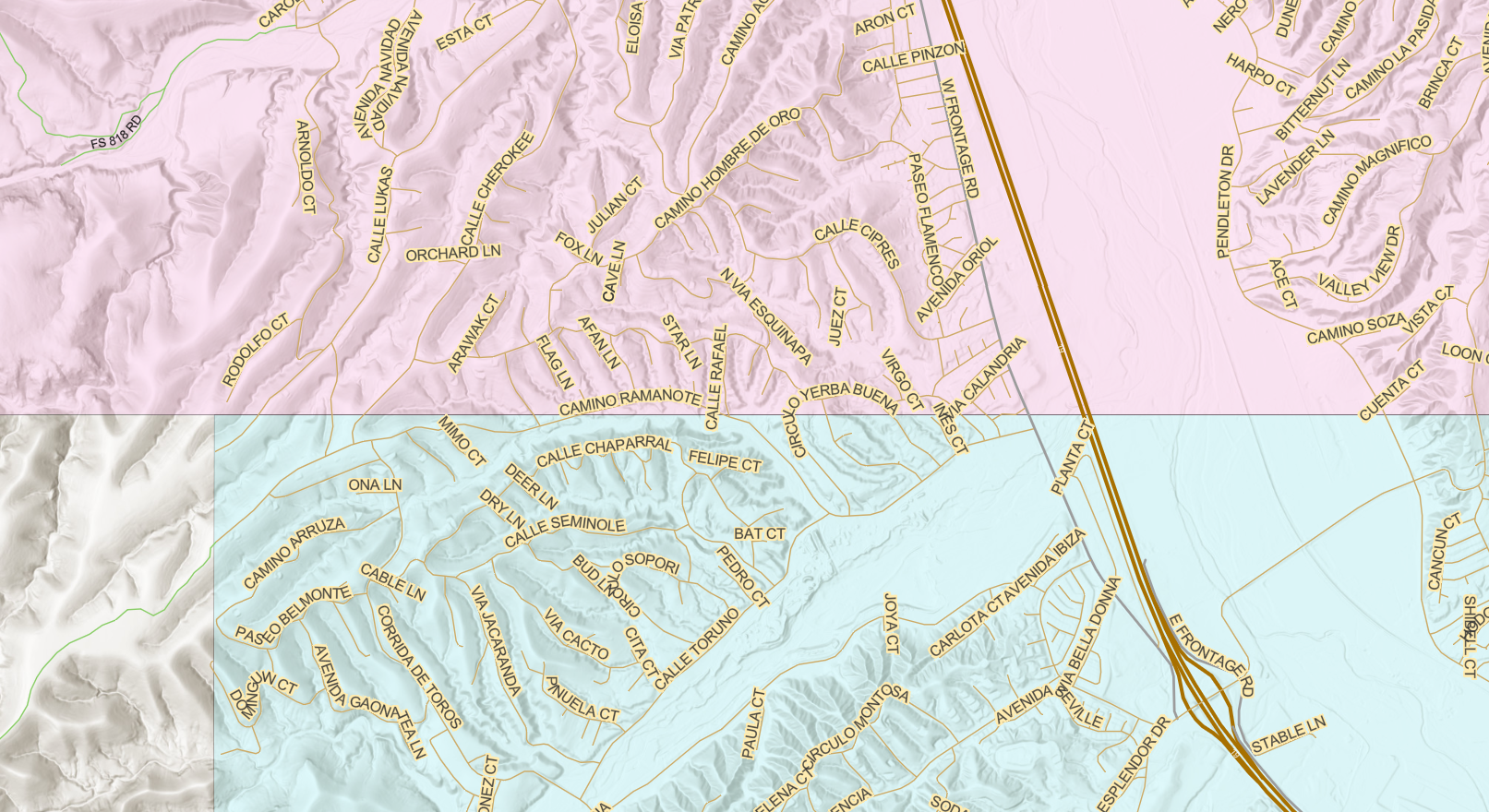 A topographic map with roads and labels, highlighting various streets and a main highway running vertically through the image.