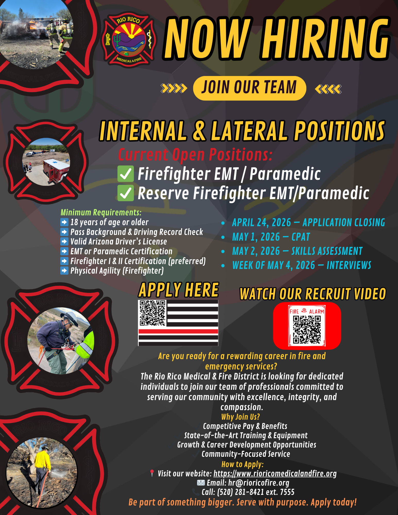 The image is a recruitment flyer for Rio Rico Medical & Fire District, seeking Firefighter EMTs and Reserve Firefighters.