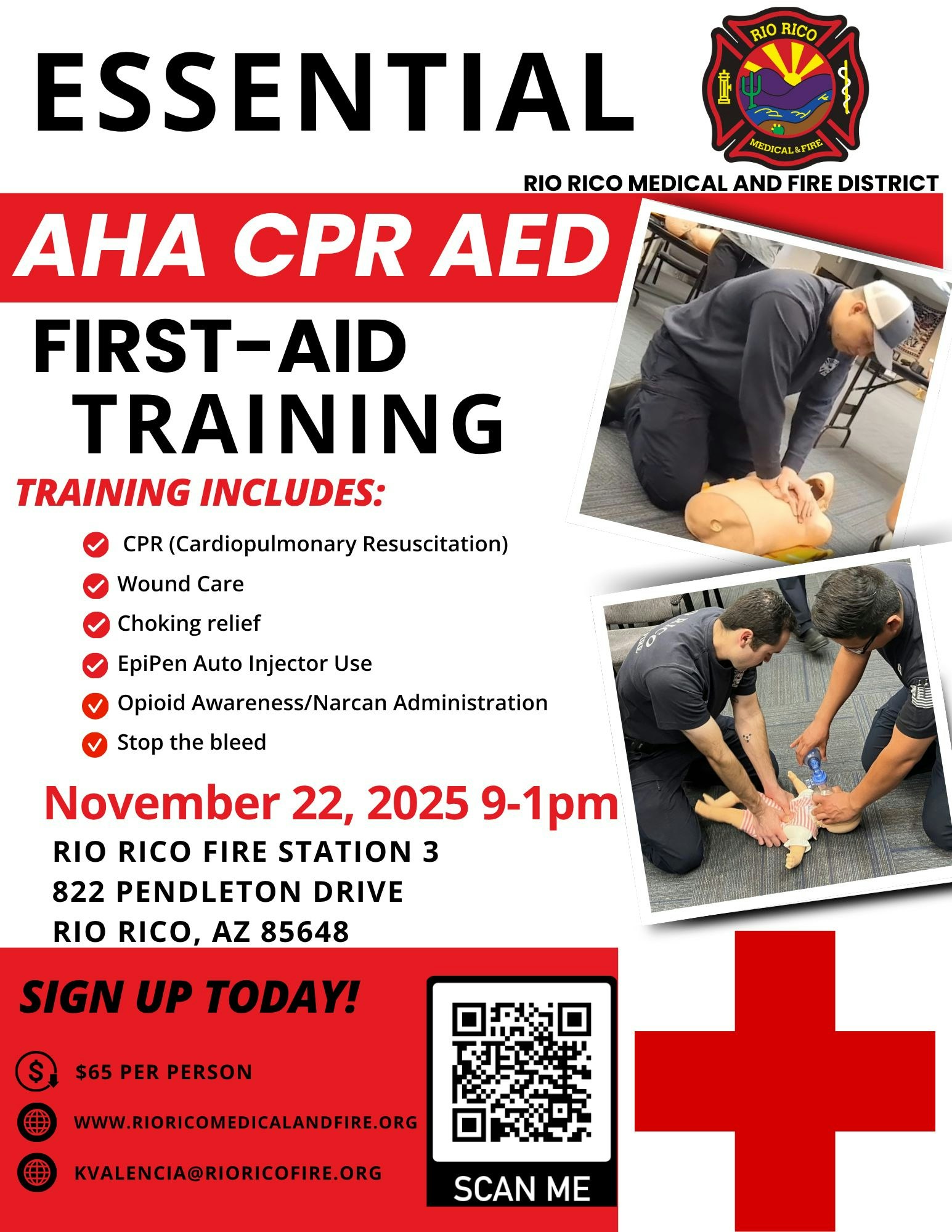 Essential AHA CPR AED first-aid training on Nov 22, 2025, in Rio Rico, AZ. Cost: $65. Sign up via provided details.