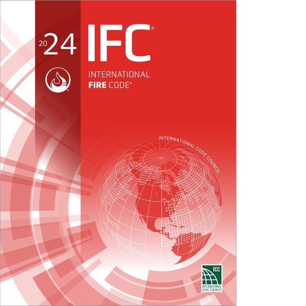 The image shows the cover of the 2024 International Fire Code, published by the International Code Council.