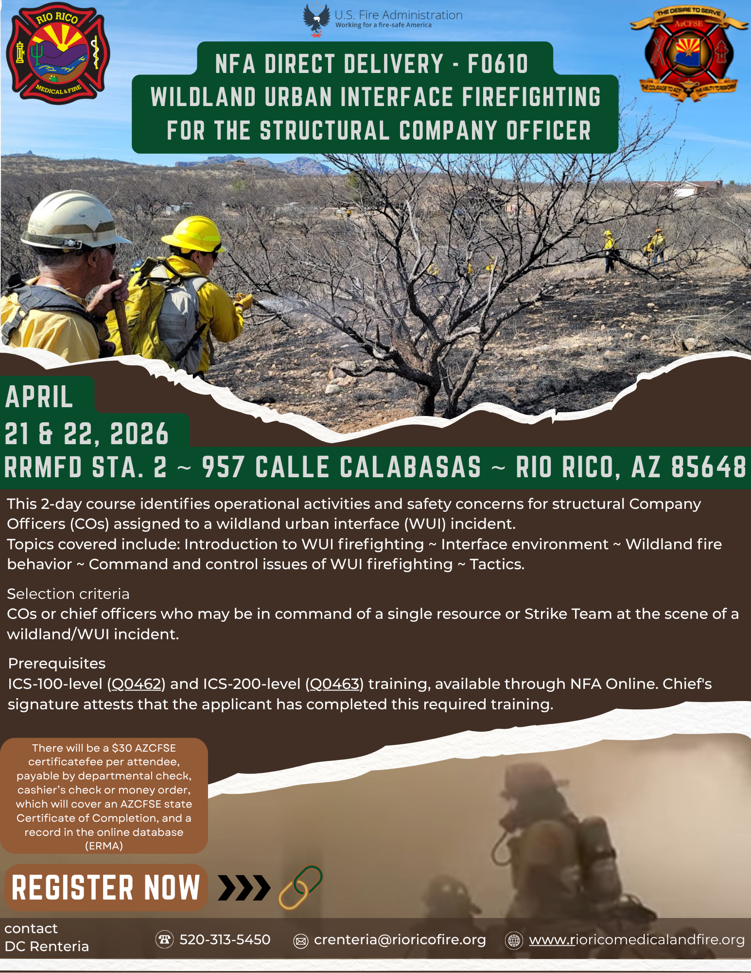 Firefighting course for structural officers on April 21-22, 2026, in Rio Rico, AZ. Covers WUI tactics. Register now.
