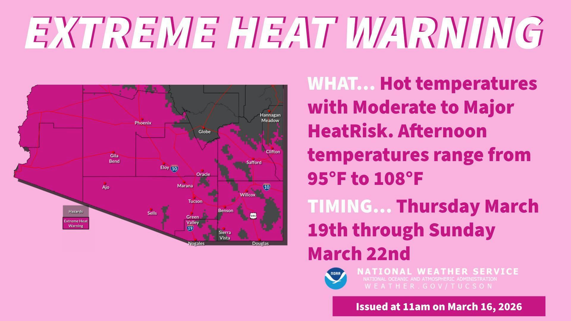 Extreme Heat Warning for Arizona: temps 95°F to 108°F from March 19-22, 2026. Moderate to Major Heat Risk. Stay safe!