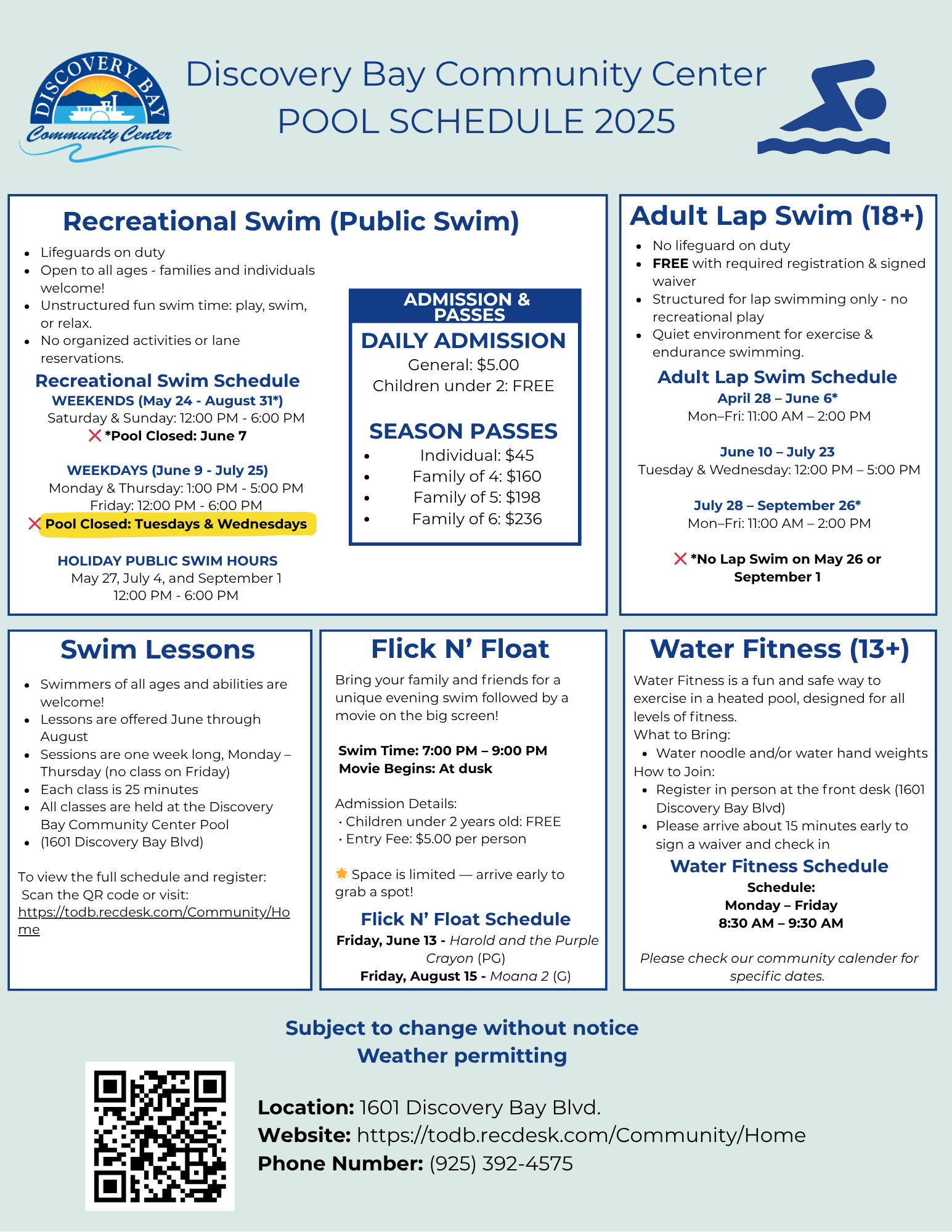 Discovery Bay Community Center pool schedule with swim times, lessons, and events for 2025. Admission and contact info included.