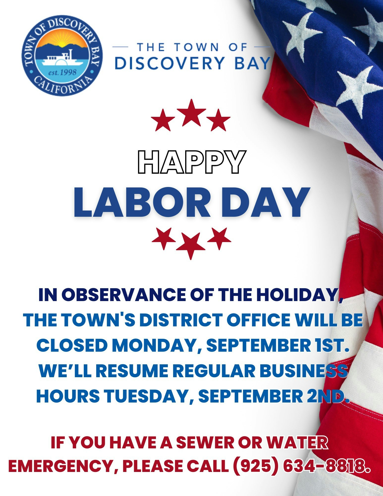 Town of Discovery Bay Labor Day notice; office closed Sept 1, resumes Sept 2. For emergencies, call (925) 634-8818.