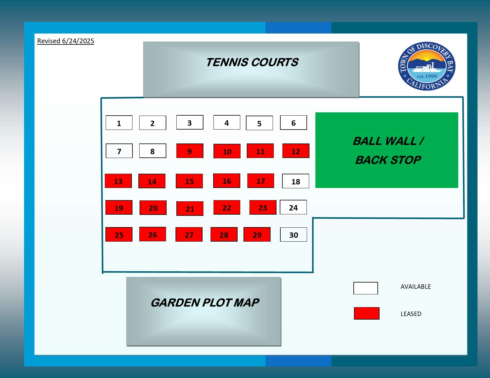 Garden plot map with 16 leased (red) and 14 available (white) plots. Includes tennis courts and a ball wall.