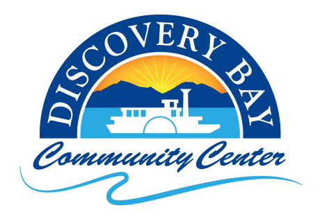 Town of Discovery Bay Community Center logo, The words Discovery Bay over a steam boat with a mountain range and sunset in the background.
