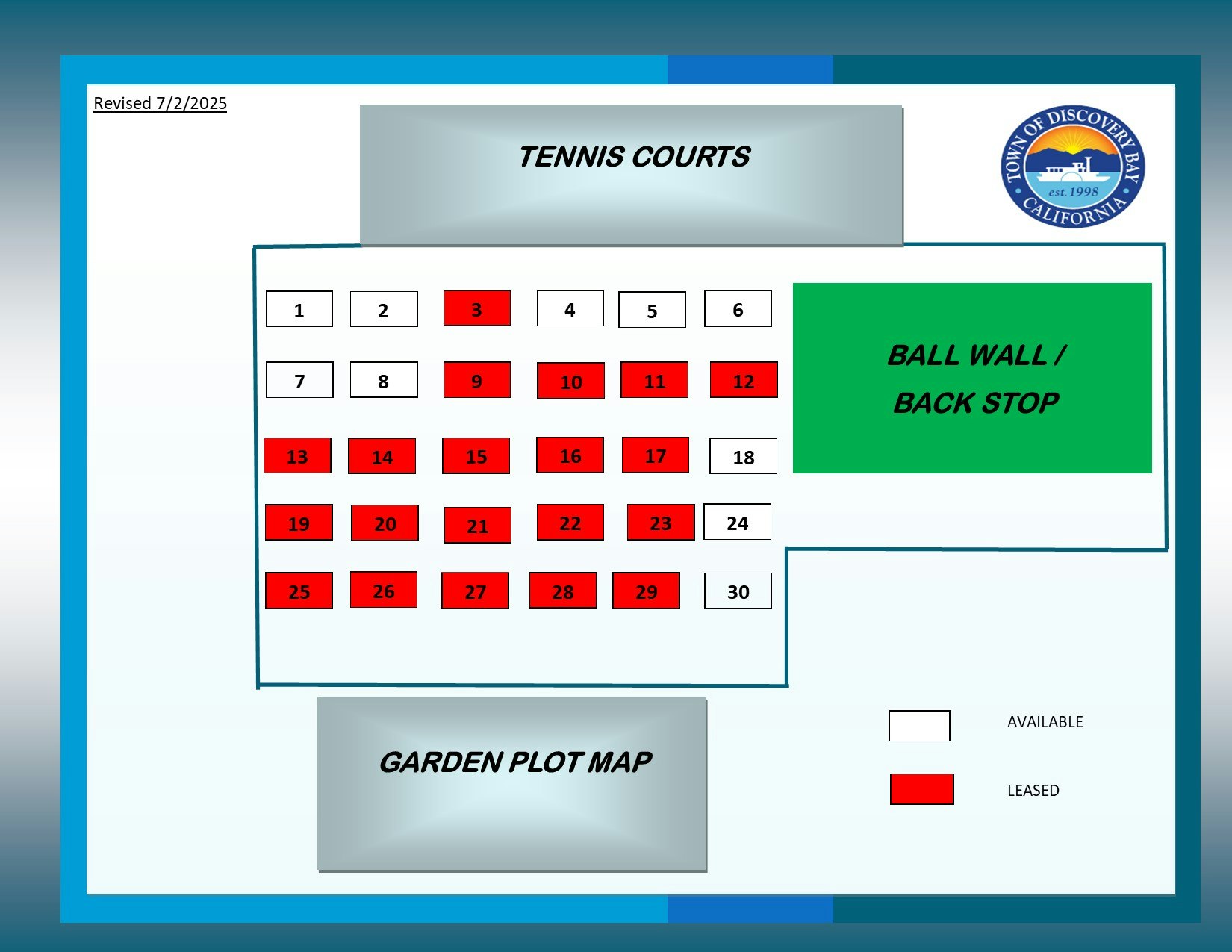 Garden plot map with available (white) and leased plots (red) near tennis courts and ball wall in Discovery Bay, CA.