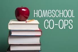 Stack of books, red apple on top, "HOMESCHOOL CO-OPS" text, green background.