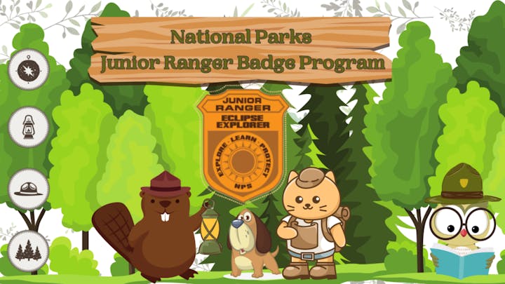 Illustration of "National Parks Junior Ranger Badge Program" with animals (a beaver, a dog, and an owl) in ranger-themed attire.