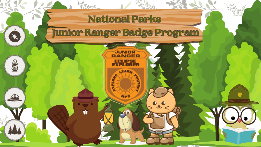 Illustration of "National Parks Junior Ranger Badge Program" with animals (a beaver, a dog, and an owl) in ranger-themed attire.