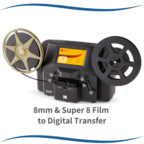 Film-to-digital converter with 8mm and Super 8 reels, labeled for film to digital transfer.