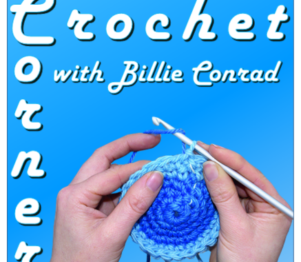 Hands crocheting with blue yarn and text "Crochet with Billie Conrad."