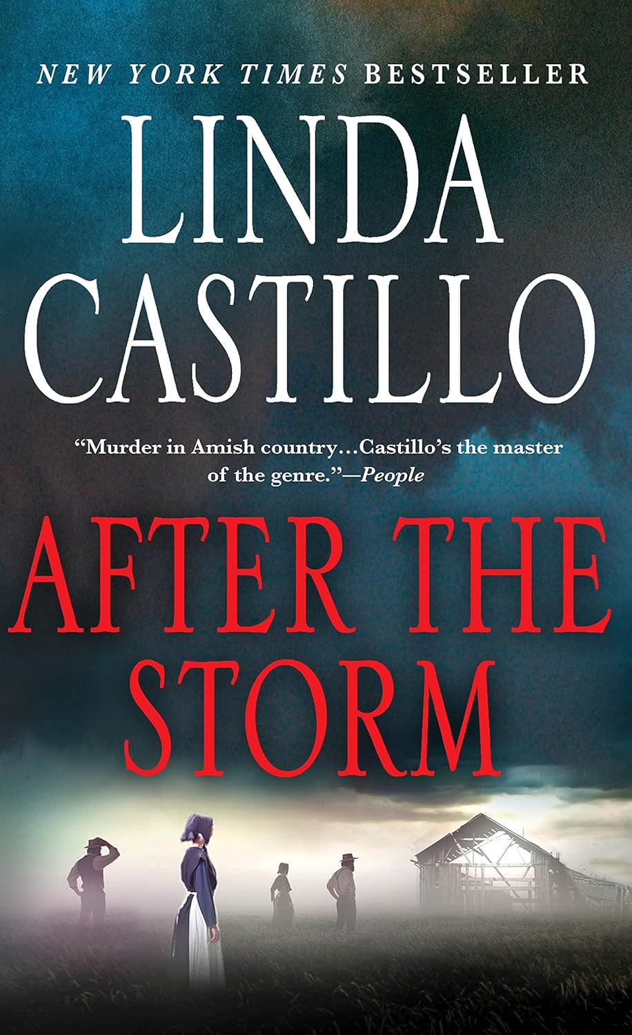 Book cover for "After the Storm" by Linda Castillo, featuring Amish figures and a storm-damaged barn.