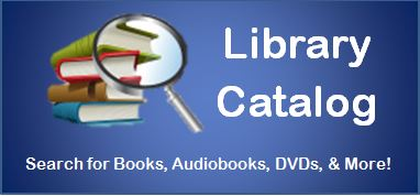 An ad for a Library Catalog, highlighting a search feature for books, audiobooks, DVDs, and more, with an image of stacked books and a magnifying glass.