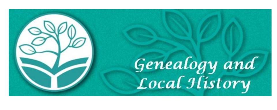 A logo with a tree and book symbol, beside "Genealogy and Local History" text on a green background.