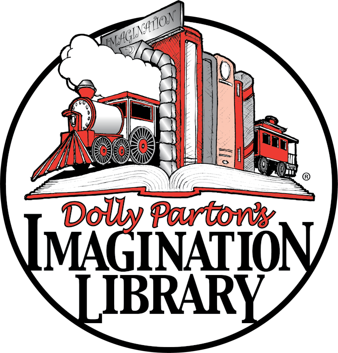 Steam train, books, and text: "Dolly Parton's Imagination Library."