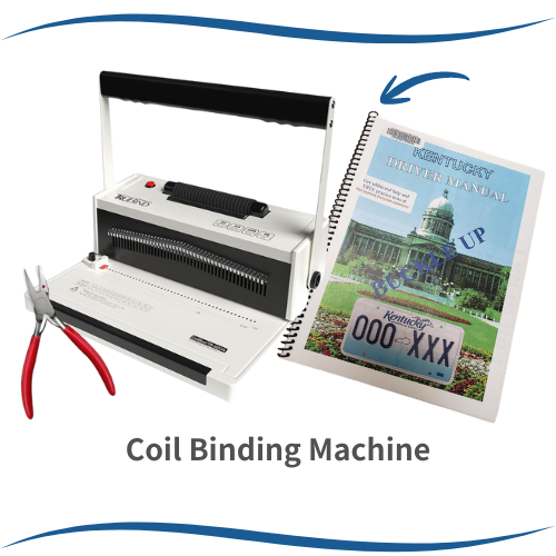 A coil binding machine with a punch tool and a coil-bound Kentucky driver manual.