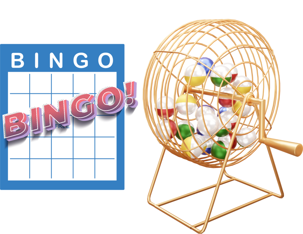 A Bingo card with "BINGO" text and a rotating bingo cage with colored balls.