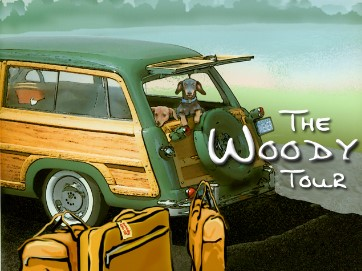 Illustration of a dog driving a wooden-paneled station wagon titled "The Woody Tour," with a suitcase in the foreground.