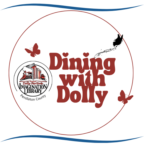 Logo with "Dining with Dolly" text, butterflies, and the "Dolly Parton's Imagination Library" emblem.