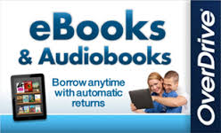 An ad for OverDrive featuring eBooks and audiobooks with text "Borrow anytime with automatic returns."