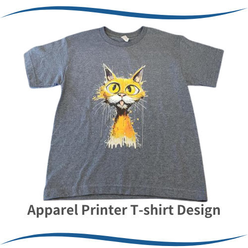Gray T-shirt with a colorful, wide-eyed cat illustration on the front.