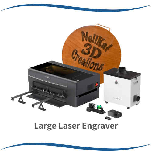 Image features a large laser engraver, a small machine, and a wooden sign labeled "NeilKat 3D Creations."