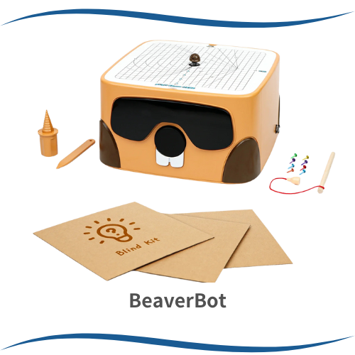 A BeaverBot kit featuring a grid-topped robot, a drill-like tool, string, and envelopes labeled "Blind Kit."