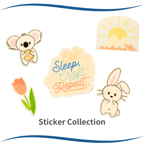 Stickers: koala, sun over mountains, tulip, rabbit, and text "Eat. Sleep. Craft. Repeat." with "Sticker Collection" label.