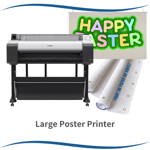 A large poster printer with a "Happy Poster" design and printed rolls, showcasing its ability to print on different materials.