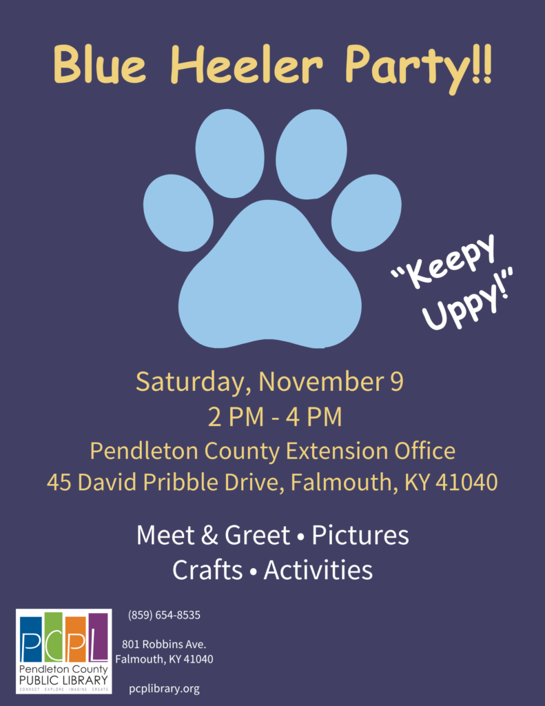 Flyer for a "Blue Heeler Party" on November 9, with crafts, activities and meet & greet.