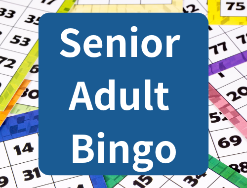 Bingo cards with a sign reading "Senior Adult Bingo."
