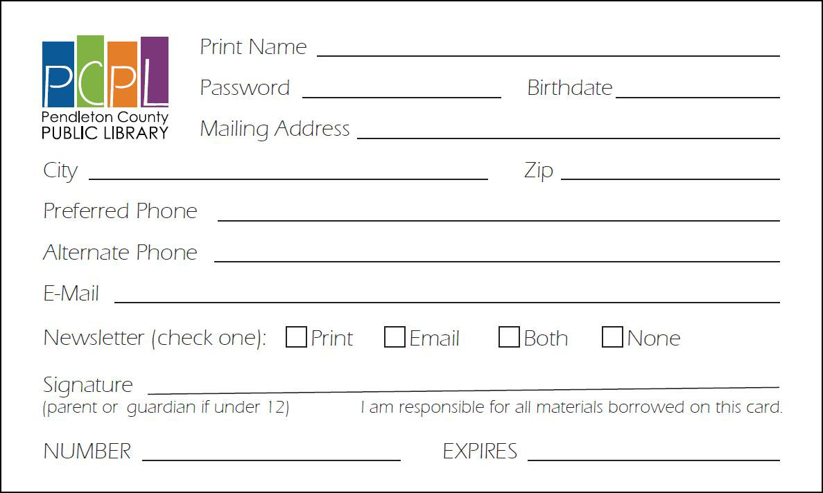 Blank library card application form.
