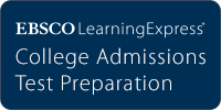 Logo of "EBSCO LearningExpress College Admissions Test Preparation" on a blue banner.