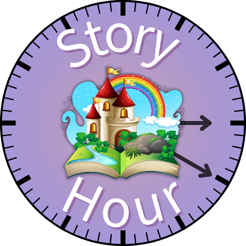 Circular "Story Hour" logo with an open book, castle, rainbow, trees, and clouds, resembling a clock with arrows.