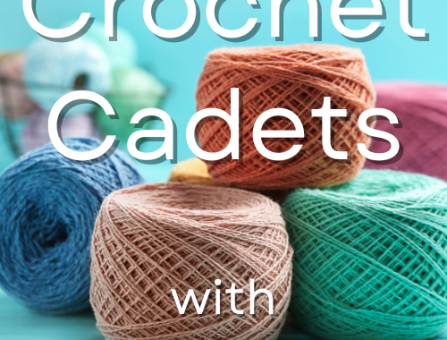 Colorful yarn balls with text "Crochet Cadets" on a blue background.