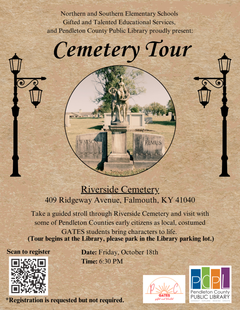 A flyer advertising a cemetery tour at Riverside Cemetery, Falmouth, KY featuring local history and costumed guides.