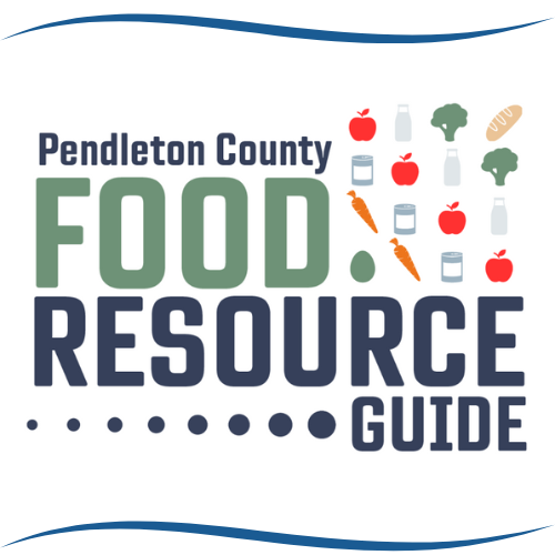 Pendleton County Food Resource Guide with food icons like apples, milk, and bread.