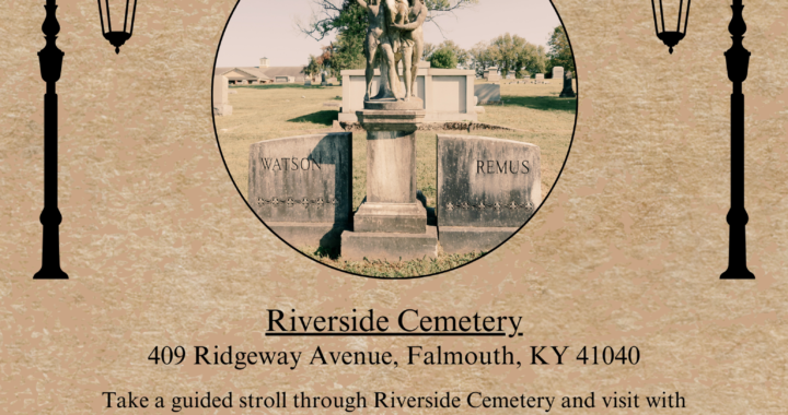 A promotional image for Riverside Cemetery with a statue, graves, and an invitation for a guided stroll.