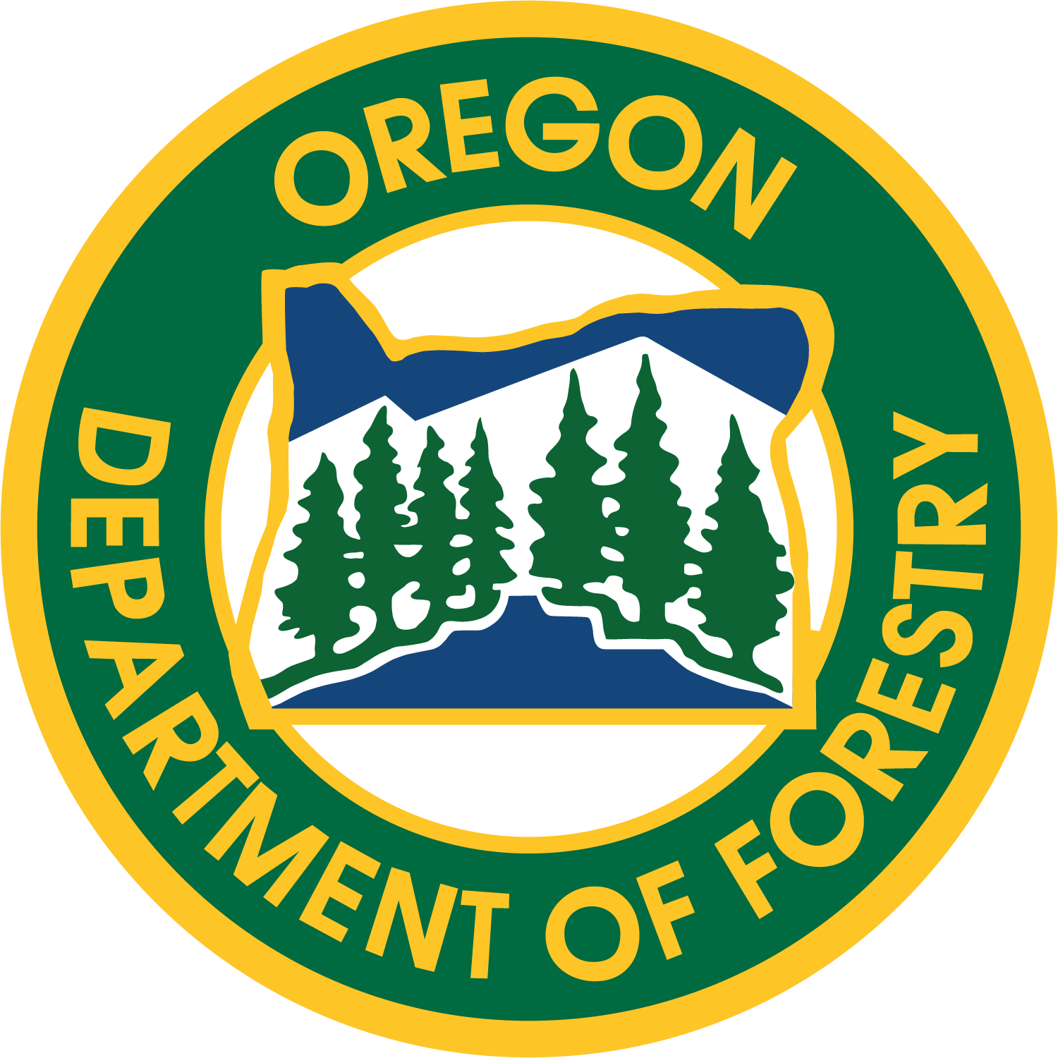 The image is a logo of the Oregon Department of Forestry, featuring trees and a mountainous design.