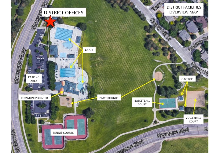 Photo of a map:District Community Center Area and Facilities Map
