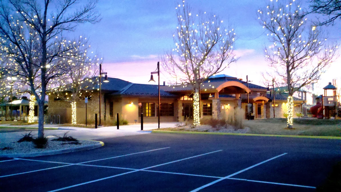 Photo of lighted trees in front of a building