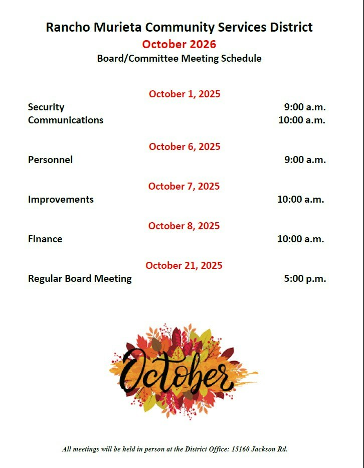 Community Development Role Chart October 2026 Calendar - Rancho Murieta Community Services District