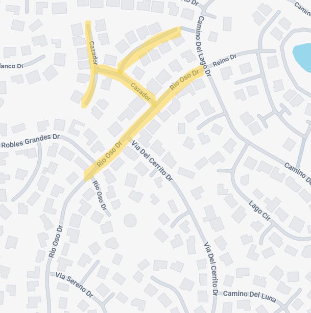 The image shows a map with streets and houses, highlighting several road names in a residential area.