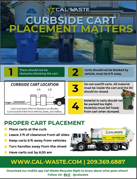 Guidelines for curbside cart placement: clear 3 ft on all sides, keep 6 ft from vehicles, don’t overfill, have carts out by 6:30 AM.