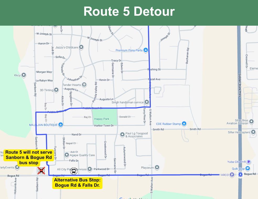 Map of Route 5 Detour: Sanborn & Bogue Rd stop closed. Use alternative at Bogue Rd & Falls Dr.