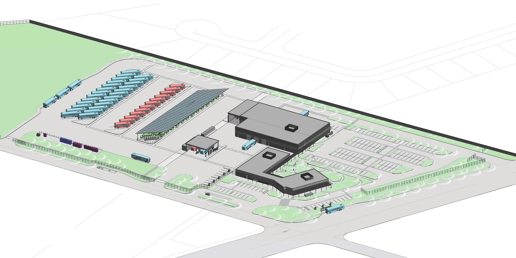 A transportation hub with buses, parking areas, buildings, solar panels, and landscaping.