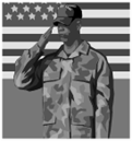 A person in military uniform saluting, with an American flag in the background.