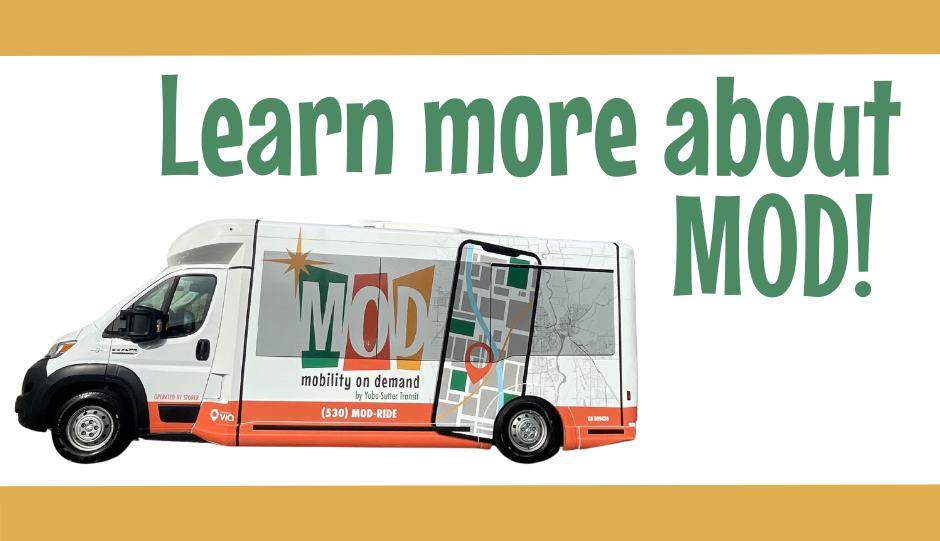 Van with "MOD: Mobility on Demand" and contact info, alongside text: "Learn more about MOD!"