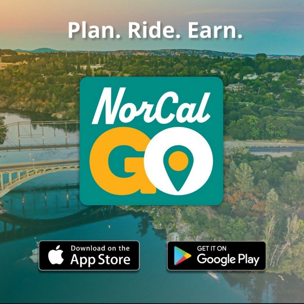 Promotional image for "NorCal GO" app, encouraging users to plan, ride, and earn, with download links for iOS and Android.
